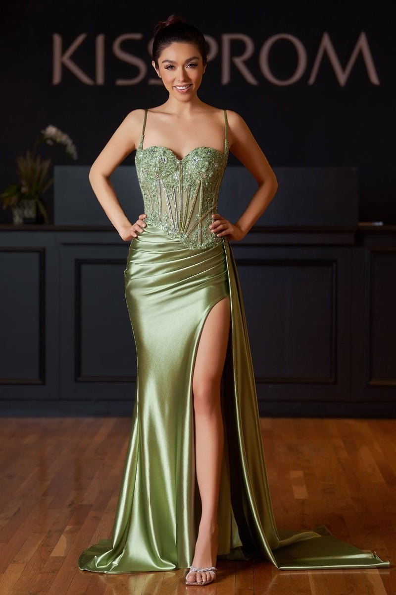 Silver Spaghetti Straps Mermaid Appliqued Prom Dress With Split - Curvevia