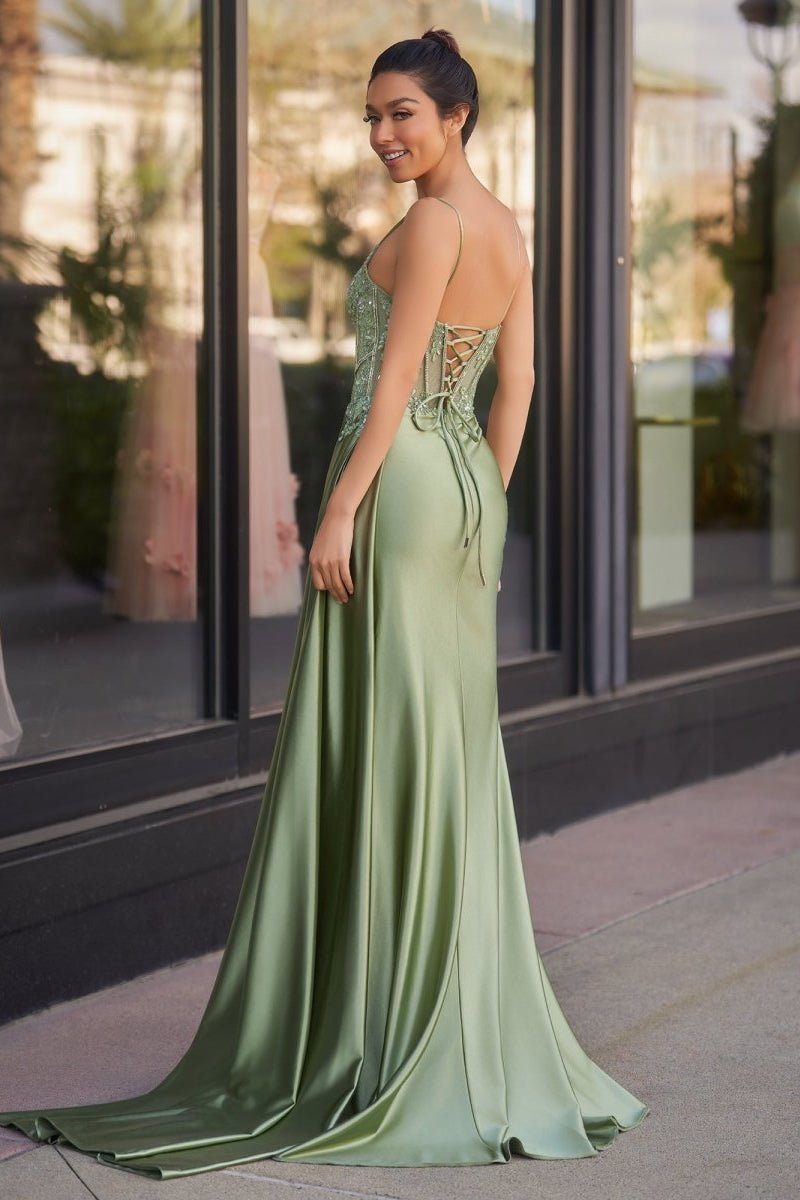 Silver Spaghetti Straps Mermaid Appliqued Prom Dress With Split - Curvevia