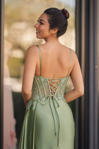 Silver Spaghetti Straps Mermaid Appliqued Prom Dress With Split - Curvevia