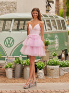 A-Line Deep V Neck Tiered Short Homecoming Dress - Curvevia