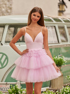 A-Line Deep V Neck Tiered Short Homecoming Dress - Curvevia