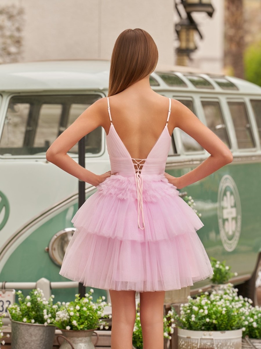 A-Line Deep V Neck Tiered Short Homecoming Dress - Curvevia