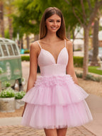 A-Line Deep V Neck Tiered Short Homecoming Dress - Curvevia