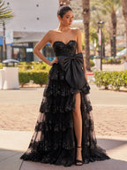 Sweetheart Light Blue Lace Appliques Ruffle Long Formal Gown - Curvevia