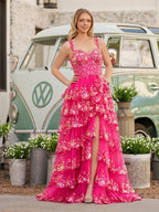 A-Line Lace Off-the-Shoulder Tiered Long Prom Dress with Slit - Curvevia