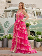 A-Line Lace Off-the-Shoulder Tiered Long Prom Dress with Slit - Curvevia