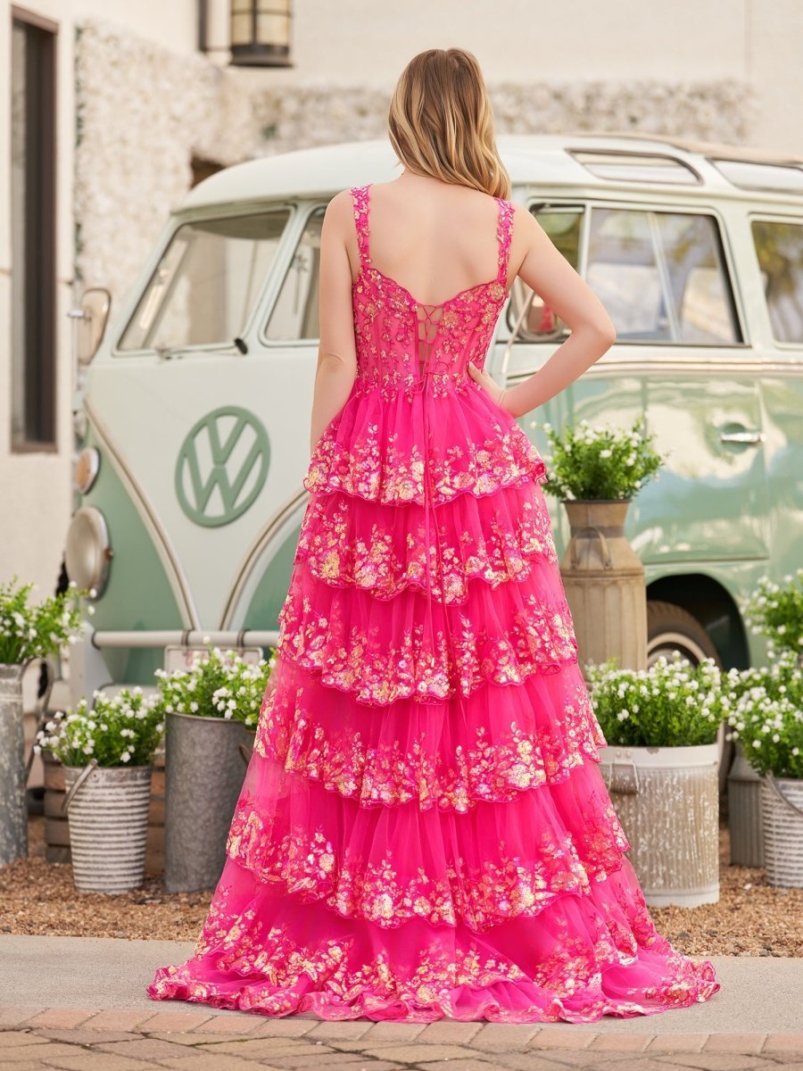 A-Line Lace Off-the-Shoulder Tiered Long Prom Dress with Slit - Curvevia
