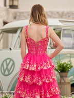 A-Line Lace Off-the-Shoulder Tiered Long Prom Dress with Slit - Curvevia