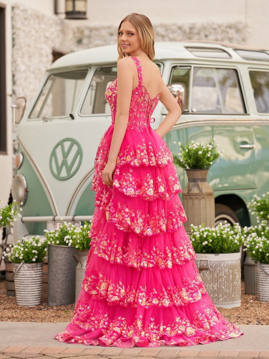 A-Line Lace Off-the-Shoulder Tiered Long Prom Dress with Slit - Curvevia