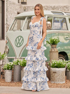 Blue Spaghetti Straps A Line Long Floral Wedding Guest Dress - Curvevia