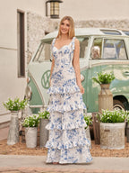 Blue Spaghetti Straps A Line Long Floral Wedding Guest Dress - Curvevia