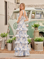 Blue Spaghetti Straps A Line Long Floral Wedding Guest Dress - Curvevia