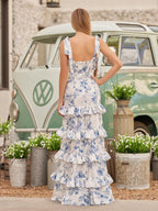 Blue Spaghetti Straps A Line Long Floral Wedding Guest Dress - Curvevia