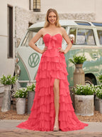 Chiffon Fuchsia Sweetheart Tiered Ruffles Evening Dress with Slit - Curvevia
