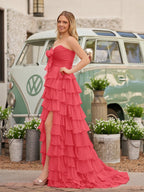 Chiffon Fuchsia Sweetheart Tiered Ruffles Evening Dress with Slit - Curvevia
