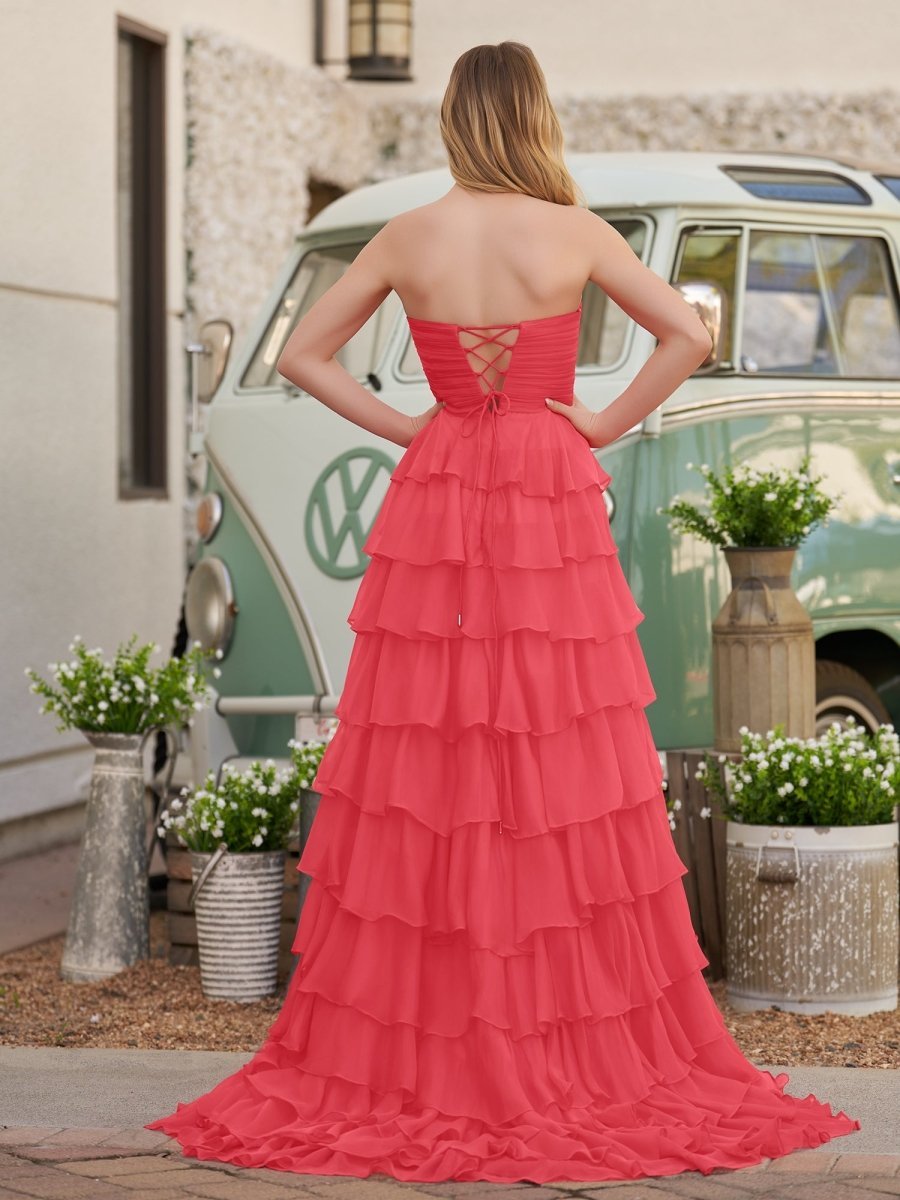 Chiffon Fuchsia Sweetheart Tiered Ruffles Evening Dress with Slit - Curvevia