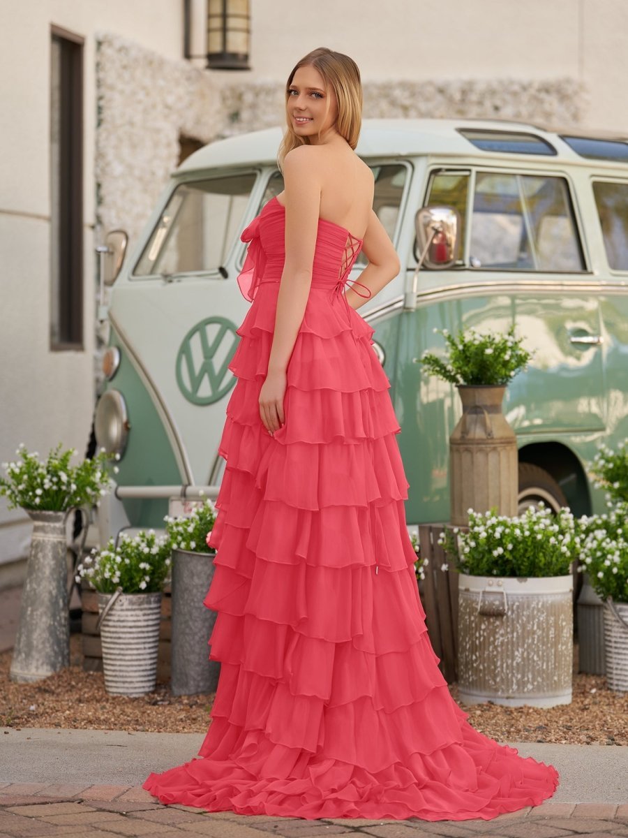 Chiffon Fuchsia Sweetheart Tiered Ruffles Evening Dress with Slit - Curvevia