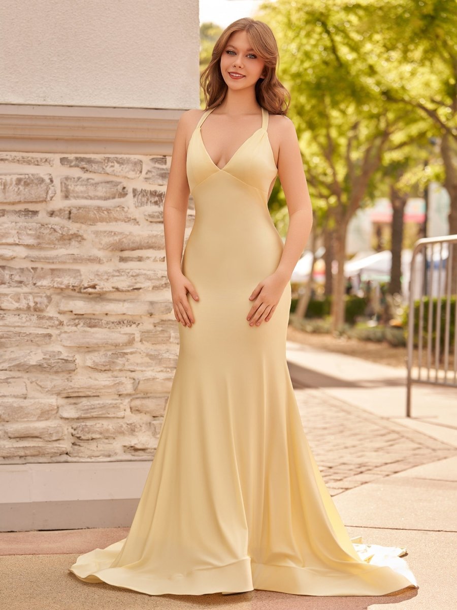 Yellow Mermaid Halter Satin Evening Dress With Tail Evening Dress - Curvevia
