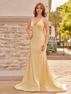 Yellow Mermaid Halter Satin Evening Dress With Tail Evening Dress - Curvevia