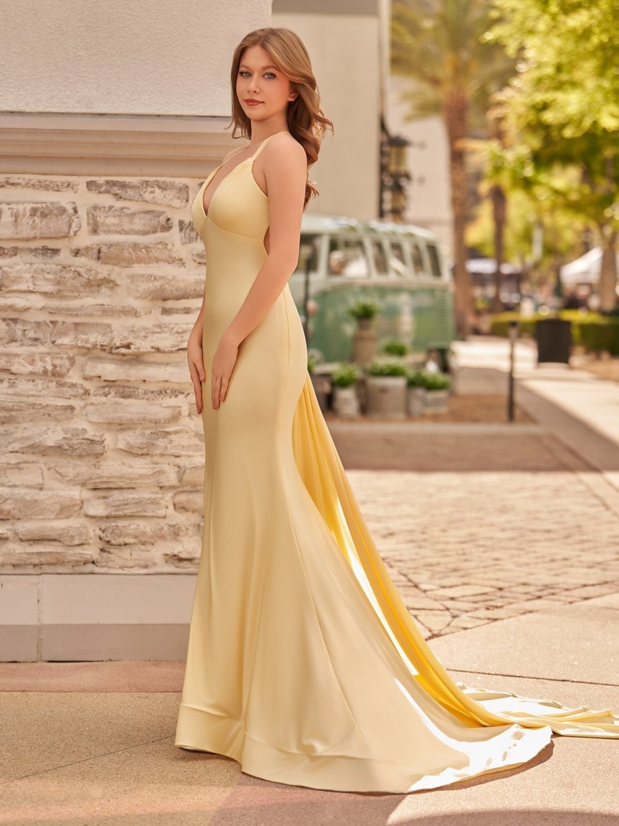 Yellow Mermaid Halter Satin Evening Dress With Tail Evening Dress - Curvevia