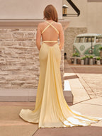 Yellow Mermaid Halter Satin Evening Dress With Tail Evening Dress - Curvevia