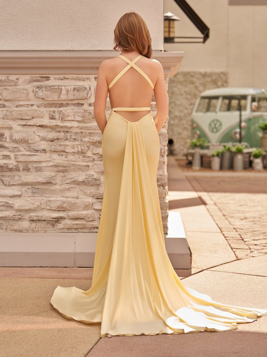 Yellow Mermaid Halter Satin Evening Dress With Tail Evening Dress - Curvevia