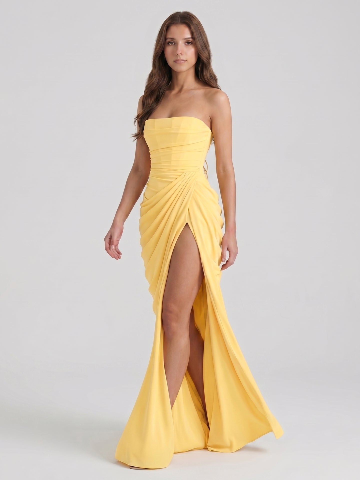 Daffodil Stretch knit A-Line Straight Neck Criss-Cross Bridesmaid Dress with Pleats - Curvevia