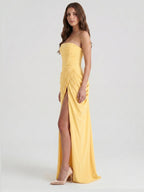 Daffodil Stretch knit A-Line Straight Neck Criss-Cross Bridesmaid Dress with Pleats - Curvevia