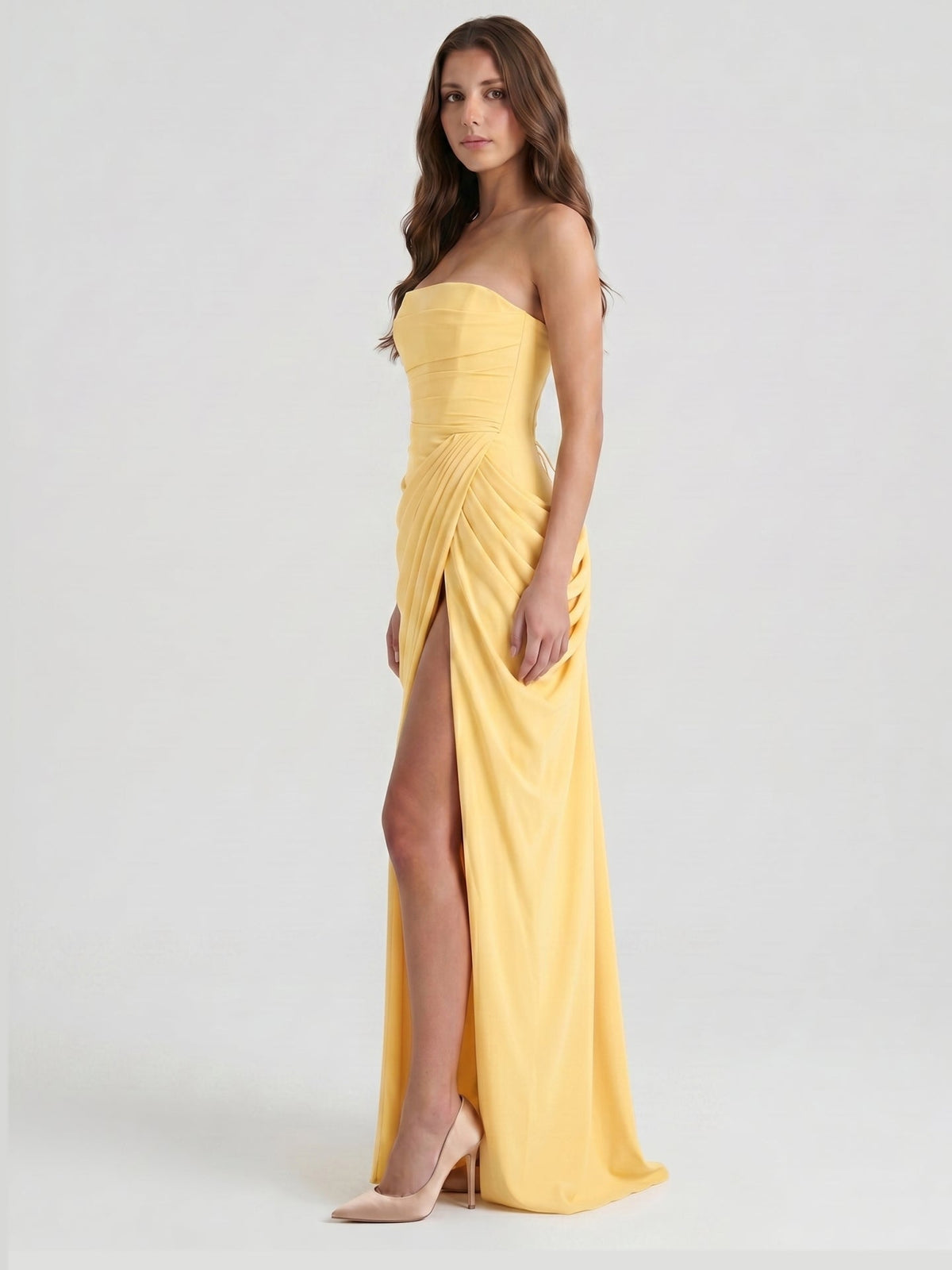 Daffodil Stretch knit A-Line Straight Neck Criss-Cross Bridesmaid Dress with Pleats - Curvevia
