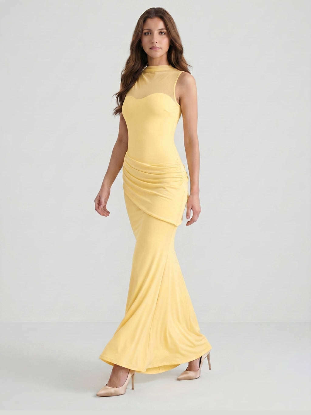 Daffodil Stretch Knit Trumpet Scoop Neck Illusion Floor-Length Bridesmaid Dress with Pleats - Curvevia