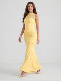Daffodil Stretch Knit Trumpet Scoop Neck Illusion Floor-Length Bridesmaid Dress with Pleats - Curvevia