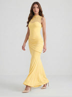 Daffodil Stretch Knit Trumpet Scoop Neck Illusion Floor-Length Bridesmaid Dress with Pleats - Curvevia