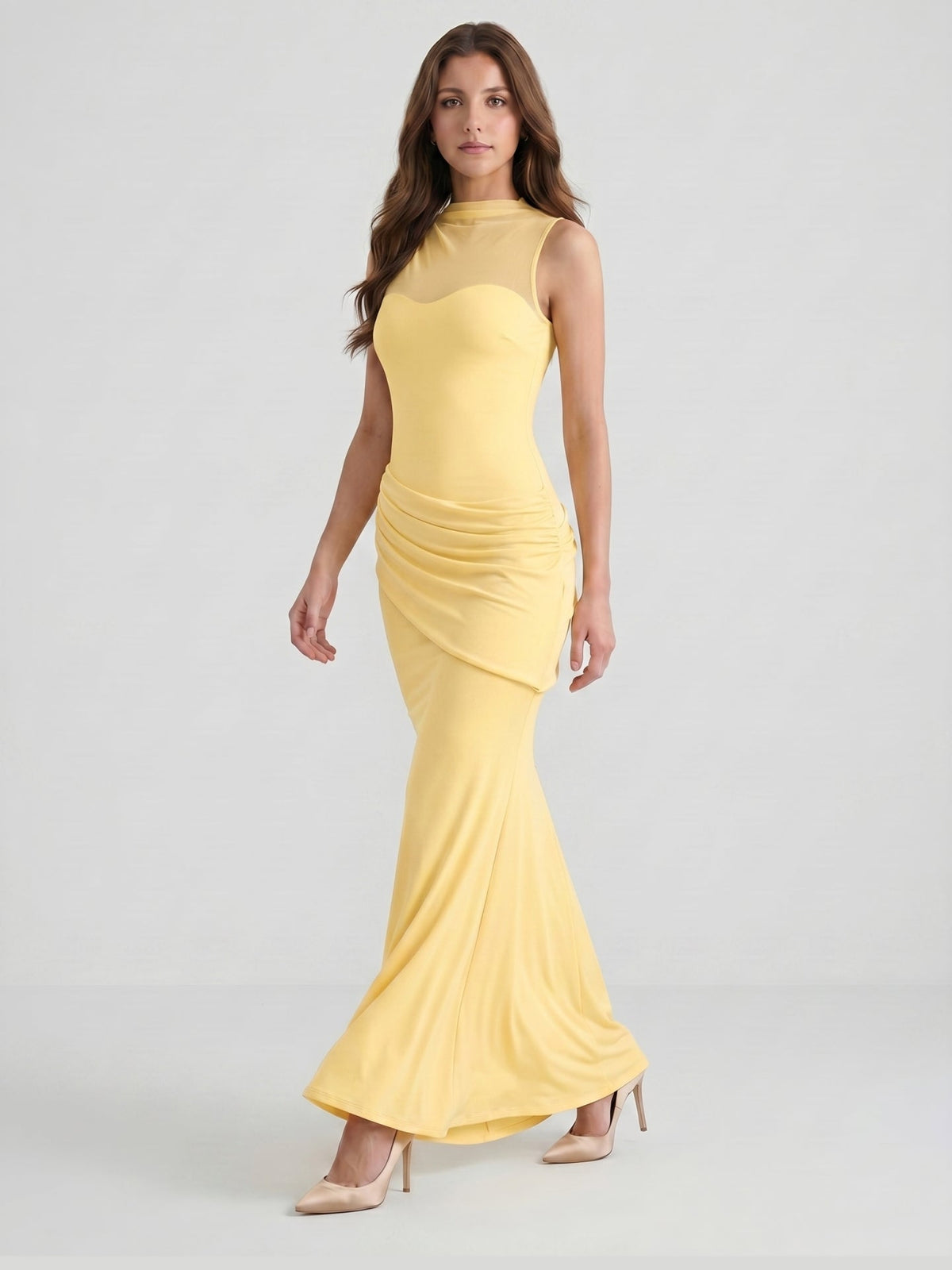 Daffodil Stretch Knit Trumpet Scoop Neck Illusion Floor-Length Bridesmaid Dress with Pleats - Curvevia