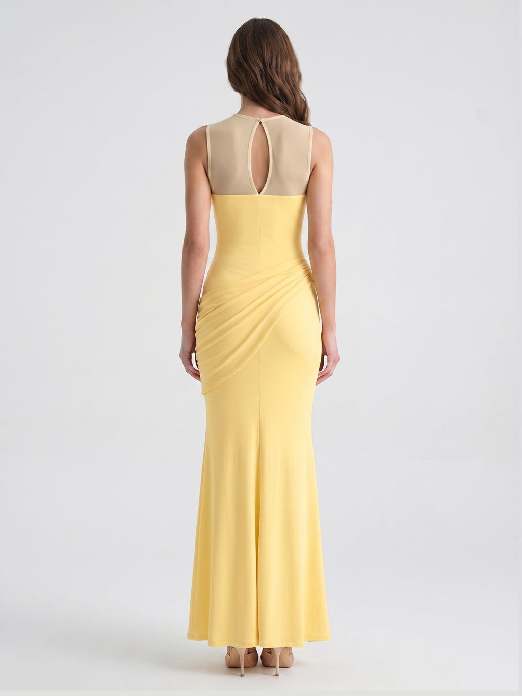 Daffodil Stretch Knit Trumpet Scoop Neck Illusion Floor-Length Bridesmaid Dress with Pleats - Curvevia