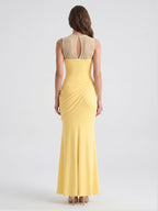 Daffodil Stretch Knit Trumpet Scoop Neck Illusion Floor-Length Bridesmaid Dress with Pleats - Curvevia