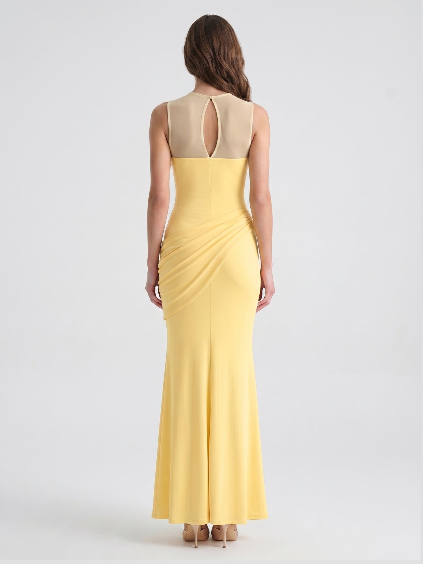 Daffodil Stretch Knit Trumpet Scoop Neck Illusion Floor-Length Bridesmaid Dress with Pleats - Curvevia