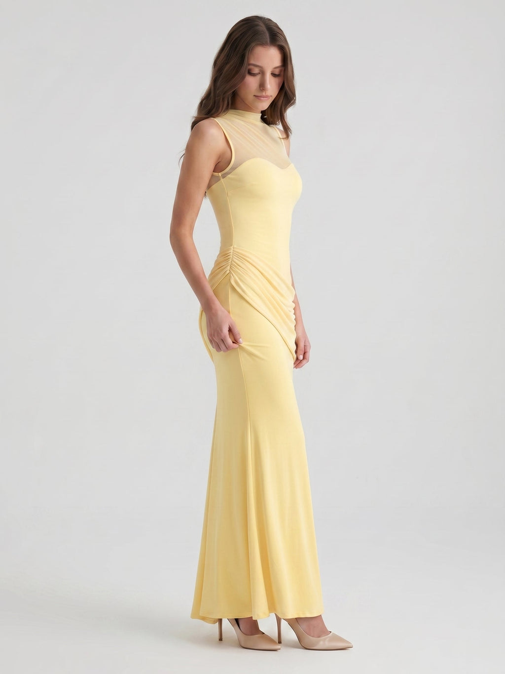Daffodil Stretch Knit Trumpet Scoop Neck Illusion Floor-Length Bridesmaid Dress with Pleats - Curvevia