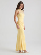 Daffodil Stretch Knit Trumpet Scoop Neck Illusion Floor-Length Bridesmaid Dress with Pleats - Curvevia