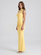 Daffodil Stretch Knit Trumpet Scoop Neck Illusion Floor-Length Bridesmaid Dress with Pleats - Curvevia