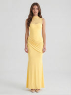 Daffodil Stretch Knit Trumpet Scoop Neck Illusion Floor-Length Bridesmaid Dress with Pleats - Curvevia