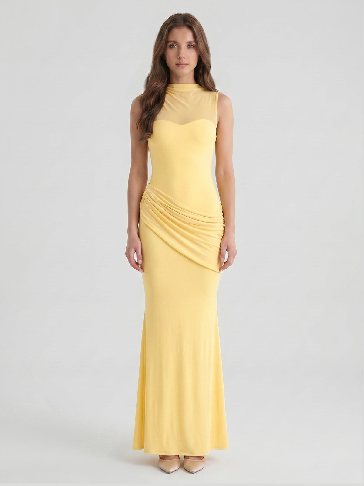 Daffodil Stretch Knit Trumpet Scoop Neck Illusion Floor-Length Bridesmaid Dress with Pleats - Curvevia