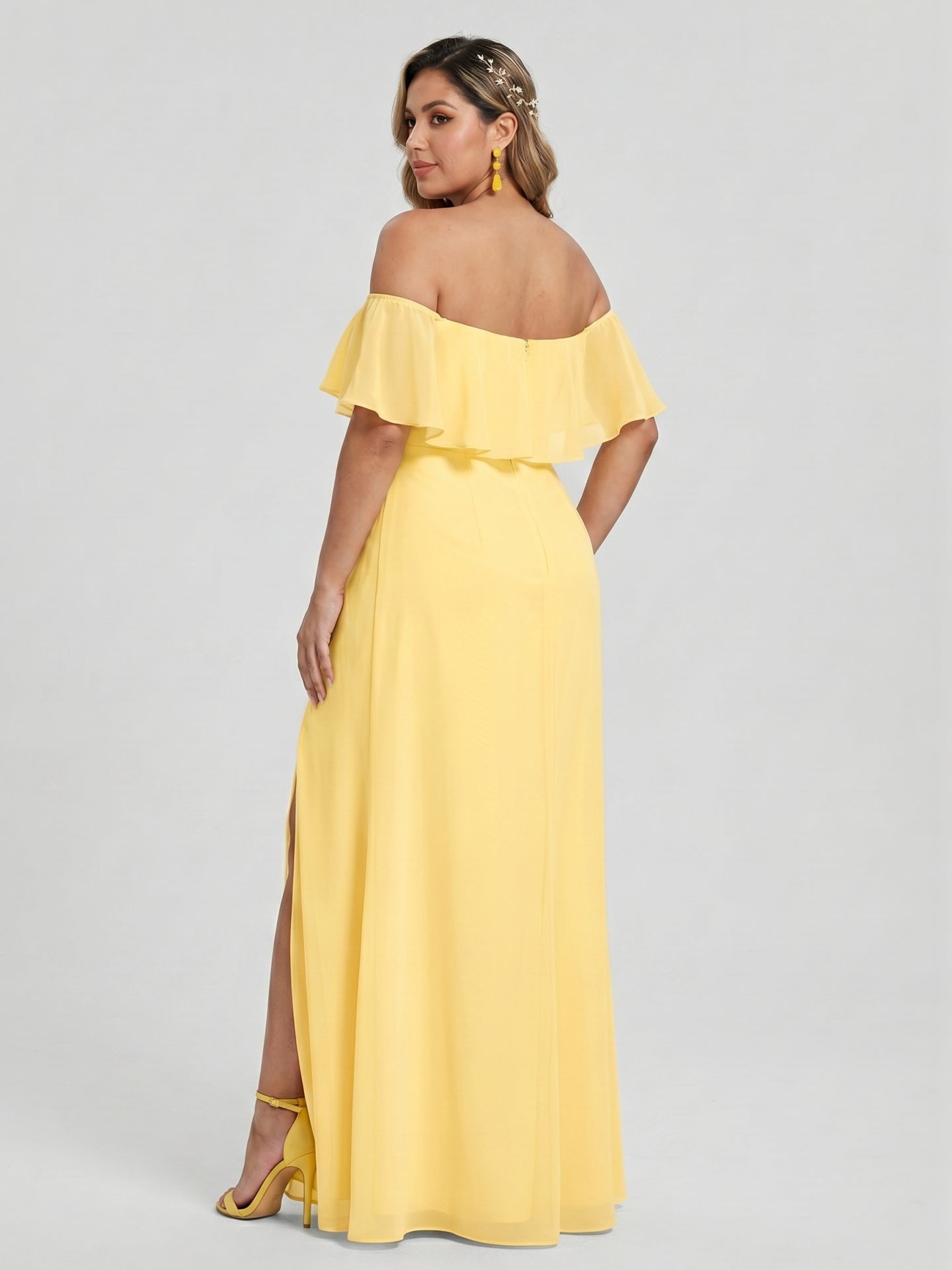 Elegant Daffodil Chiffon A-Line Off-the-Shoulder Back Zip with Ruffle Accents Ankle-Length Plus Size Bridesmaid Dress - Curvevia