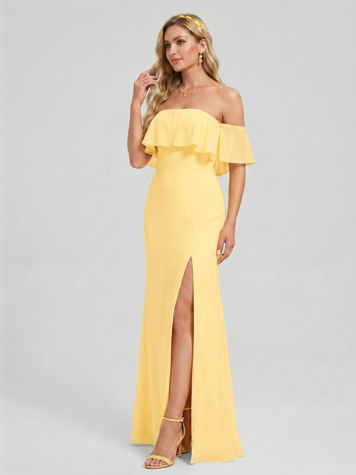 Elegant Daffodil Chiffon A-Line Off-the-Shoulder Back Zip with Ruffle Accents Ankle-Length Plus Size Bridesmaid Dress - Curvevia