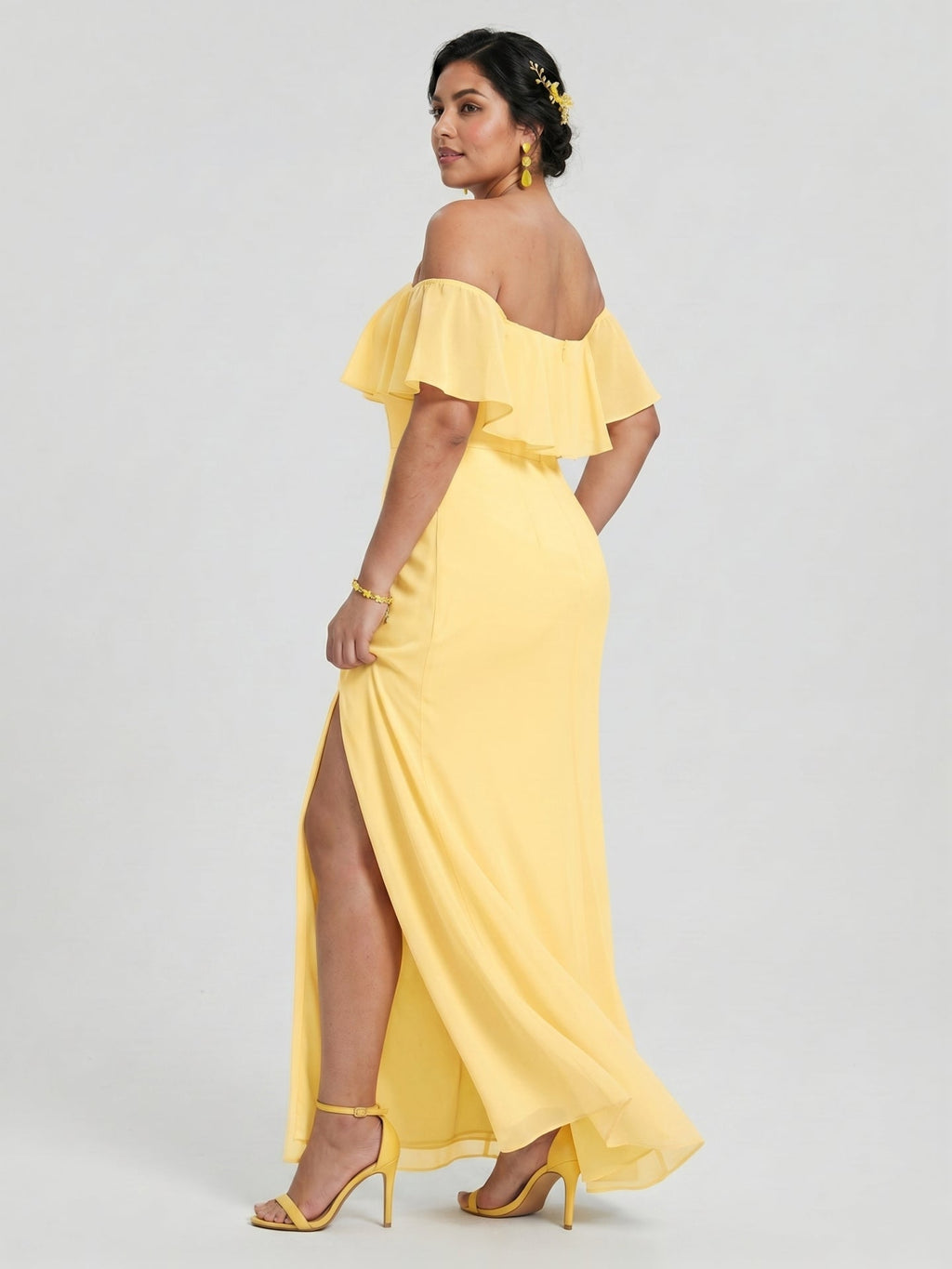 Elegant Daffodil Chiffon A-Line Off-the-Shoulder Back Zip with Ruffle Accents Ankle-Length Plus Size Bridesmaid Dress - Curvevia