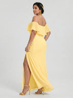 Elegant Daffodil Chiffon A-Line Off-the-Shoulder Back Zip with Ruffle Accents Ankle-Length Plus Size Bridesmaid Dress - Curvevia