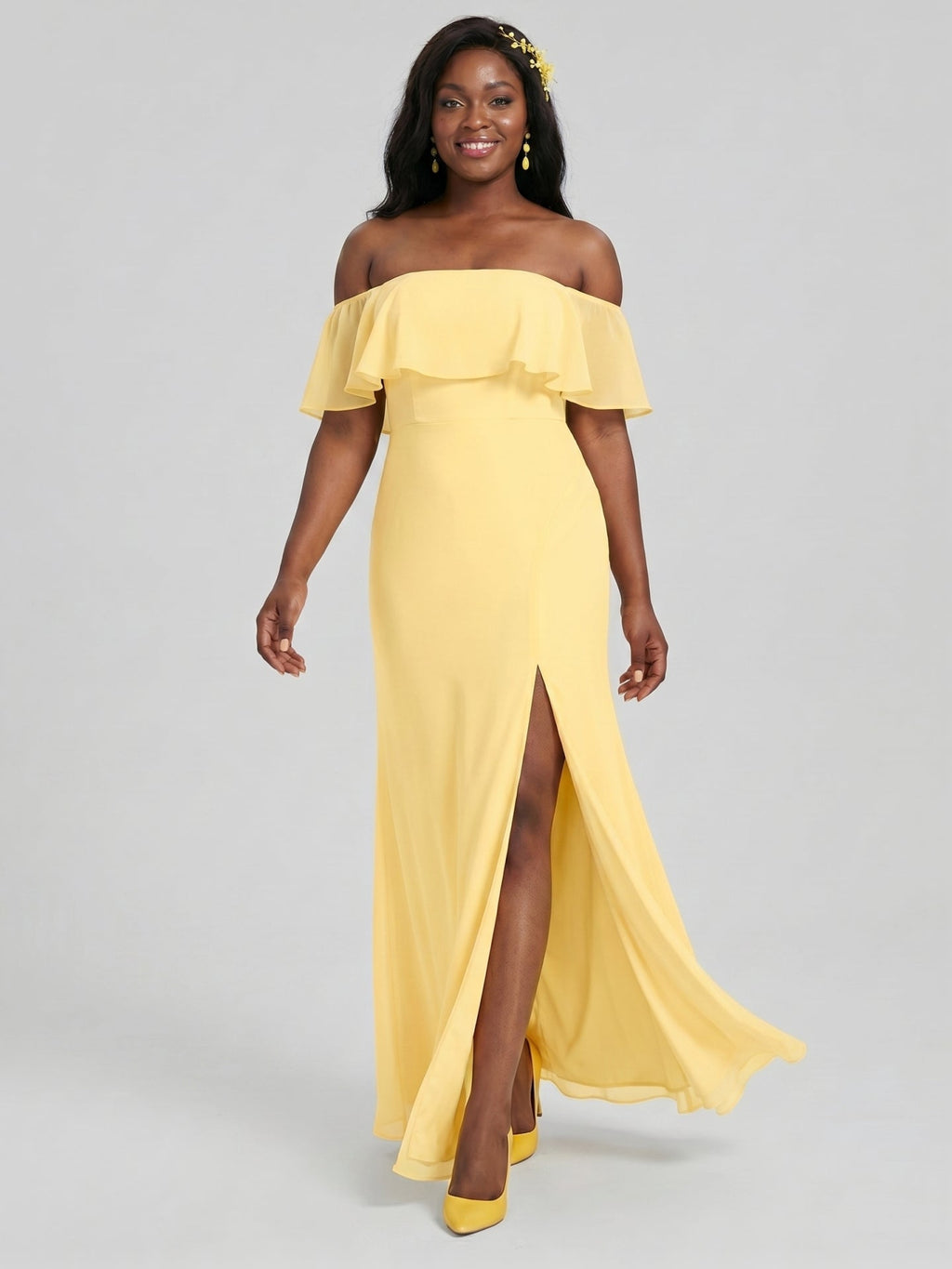 Elegant Daffodil Chiffon A-Line Off-the-Shoulder Back Zip with Ruffle Accents Ankle-Length Plus Size Bridesmaid Dress - Curvevia