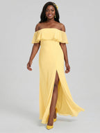 Elegant Daffodil Chiffon A-Line Off-the-Shoulder Back Zip with Ruffle Accents Ankle-Length Plus Size Bridesmaid Dress - Curvevia