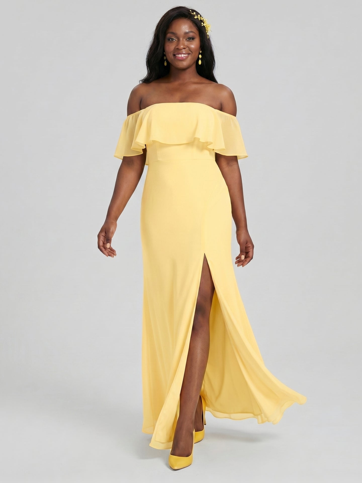Elegant Daffodil Chiffon A-Line Off-the-Shoulder Back Zip with Ruffle Accents Ankle-Length Plus Size Bridesmaid Dress - Curvevia