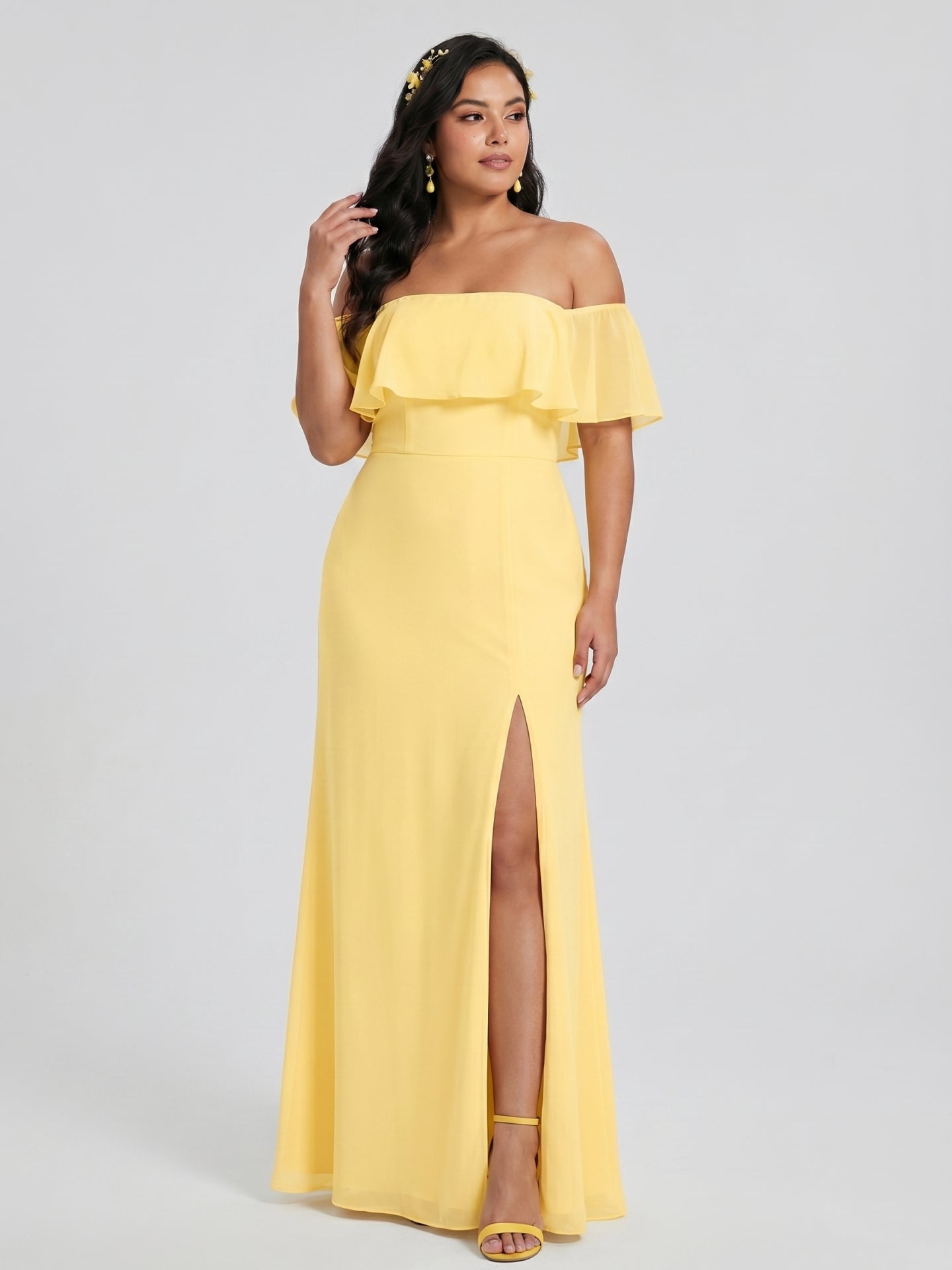 Elegant Daffodil Chiffon A-Line Off-the-Shoulder Back Zip with Ruffle Accents Ankle-Length Plus Size Bridesmaid Dress - Curvevia