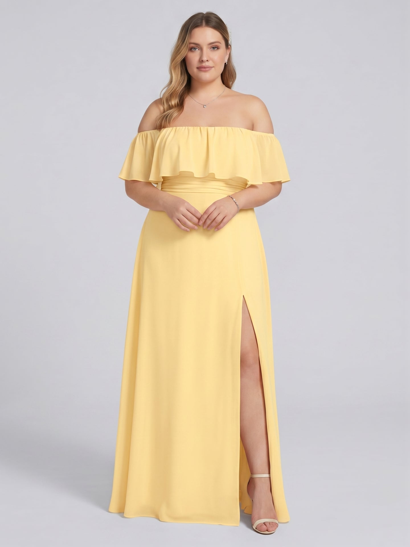 Elegant Daffodil Chiffon A-Line Straight Neck Backless Ankle-Length Plus Size Bridesmaid Dress - Curvevia